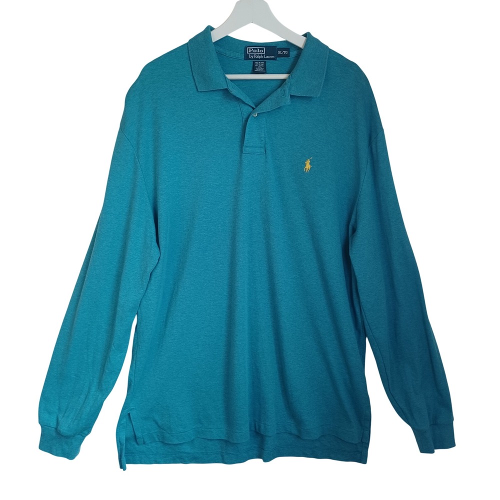 Polo Ralph Lauren Men XL Teal Blue Heather Long Sleeve Polo Shirt Yellow Pony